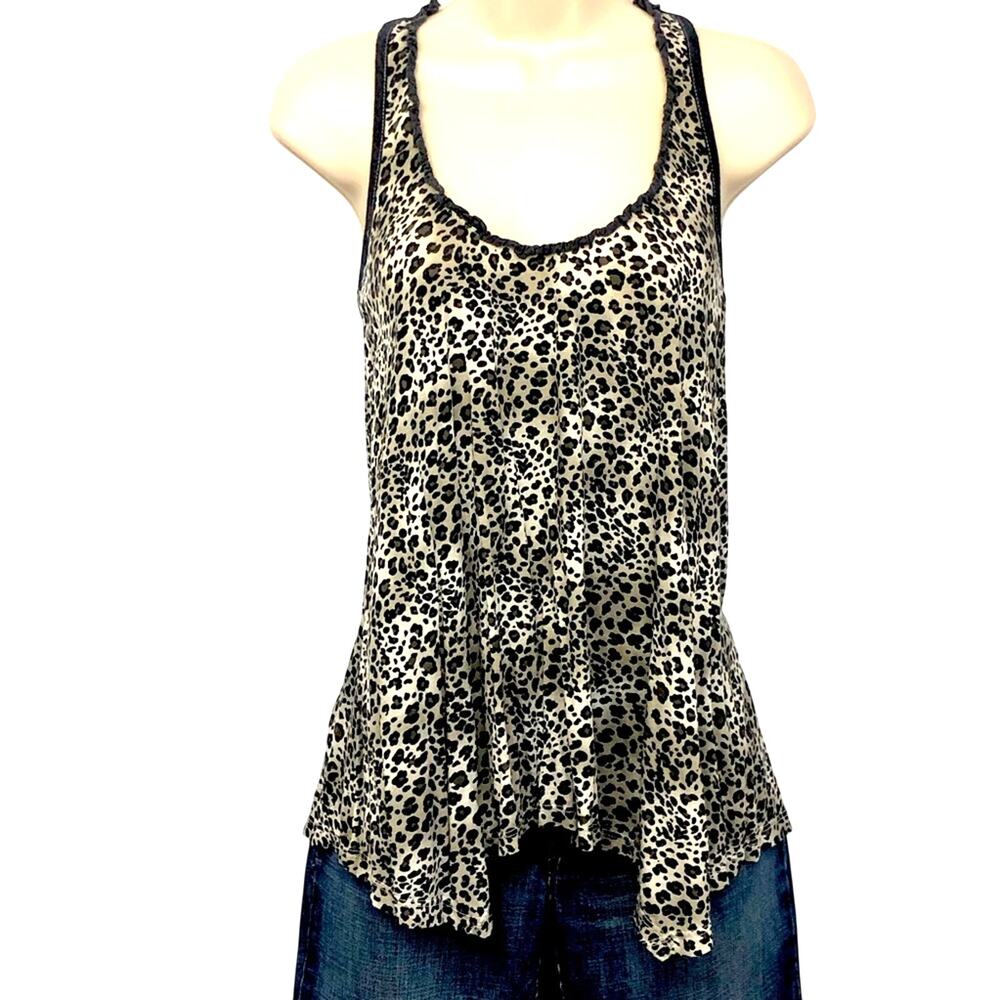 Splendid Black Gray Leopard Print Racer Back Top Lettuce Edge Scoop Neck